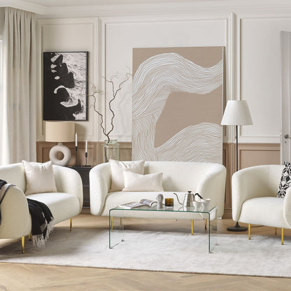 Living Room Set White Boucle Gold Legs 3 Seater Sofa