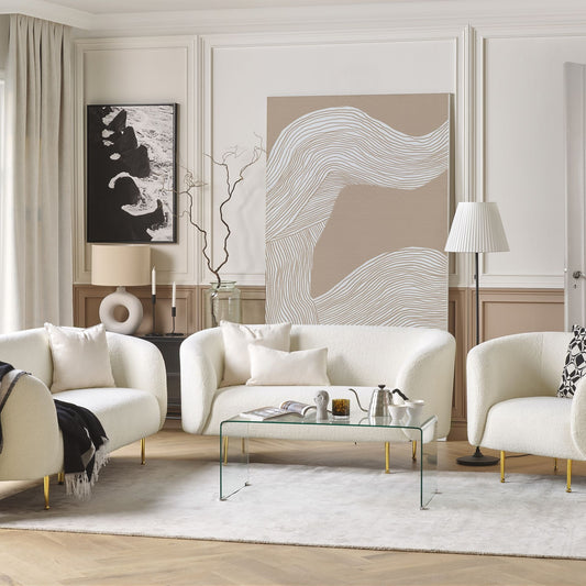 Living Room Set White Boucle Gold Legs 3 Seater Sofa