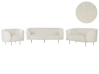 Living Room Set White Boucle Gold Legs 3 Seater Sofa