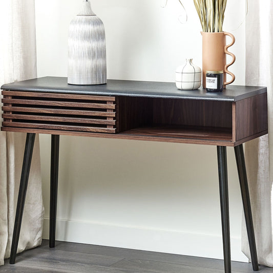 Console Table 110 x 40cm Dark Brown Rustic Sliding Door Cabinet