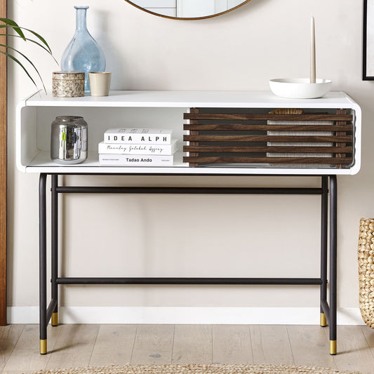 Console Table White Finish 104 x 40cm Rustic Sliding Doors