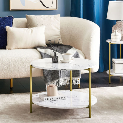 GlamourHome White Coffee Table Marble Top 60cm Gold Frame With Shelf
