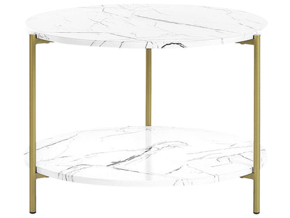 GlamourHome White Coffee Table Marble Top 60cm Gold Frame With Shelf