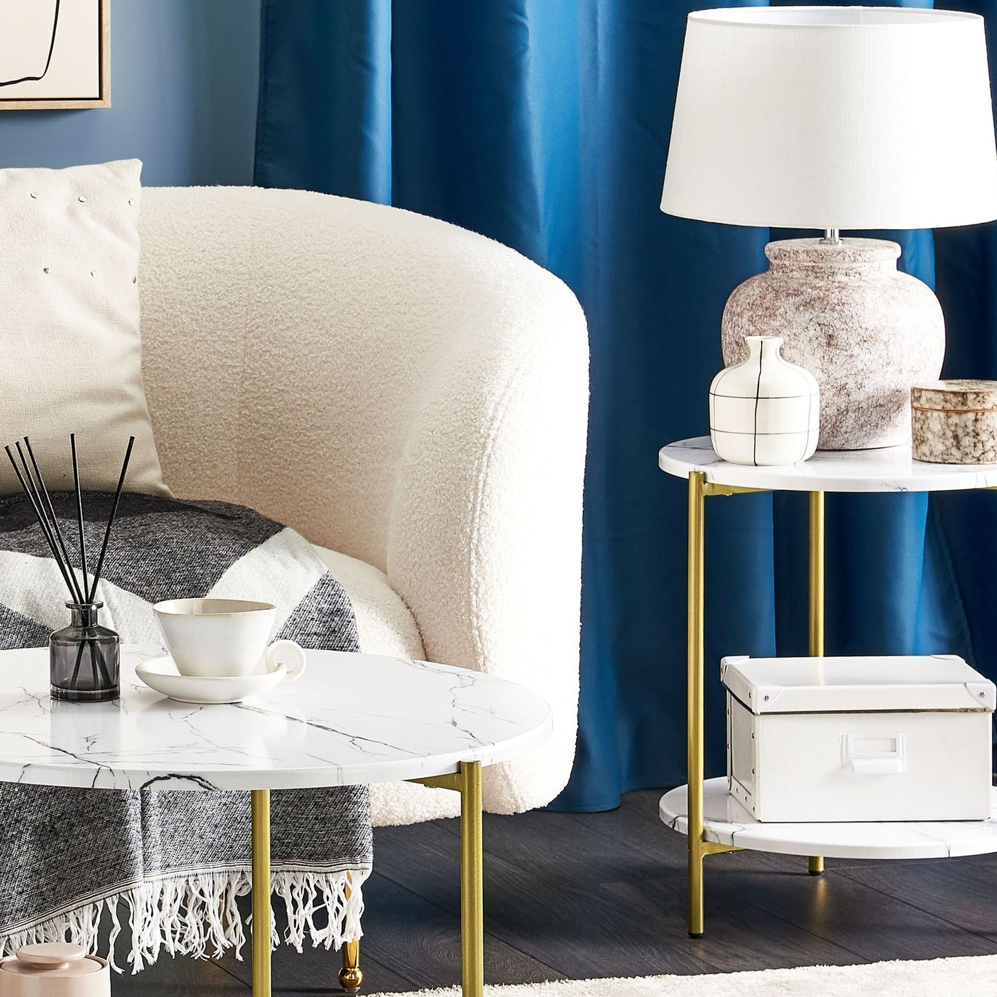 Glamour Home White And Gold Side Table MDF Iron 40cm With Shelf