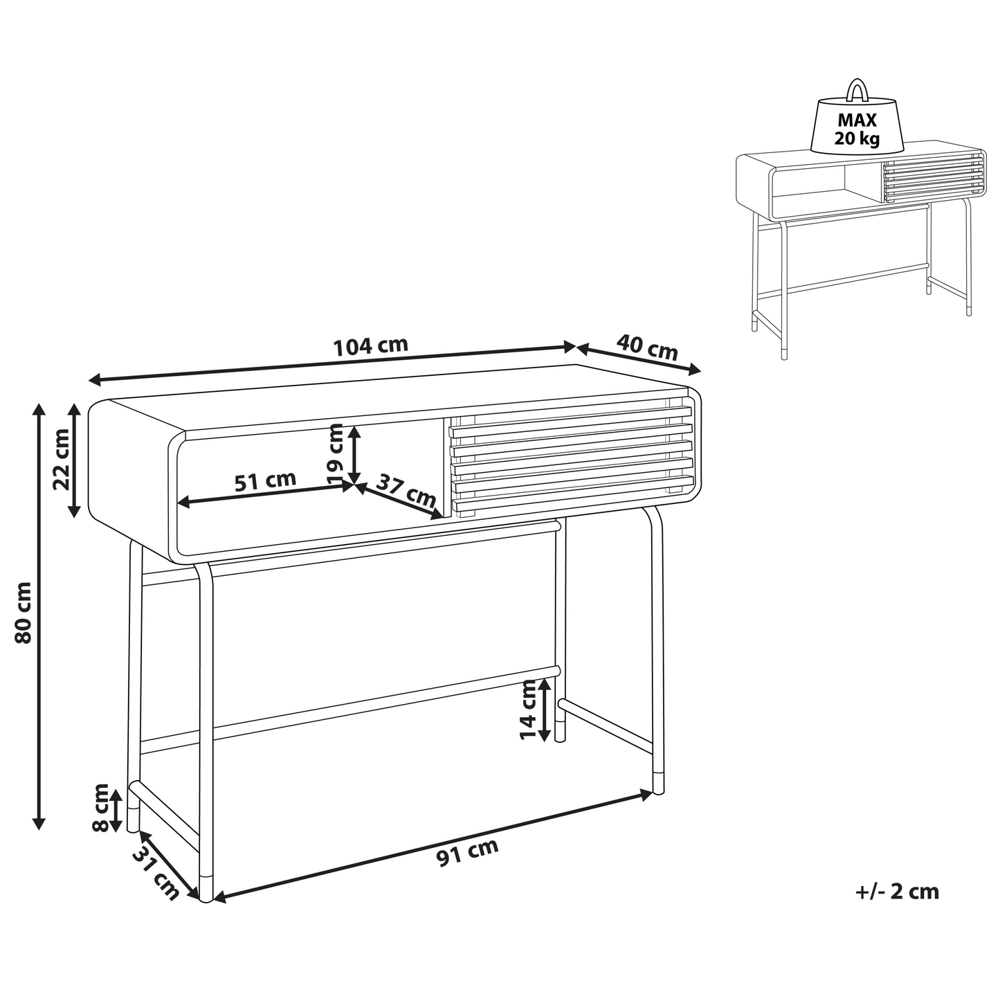 Console Table White Finish 104 x 40cm Rustic Sliding Doors