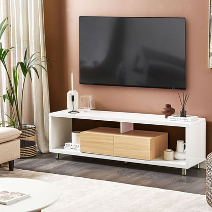 NovaHome TV Stand White and Light Brown High Gloss 2 Drawers