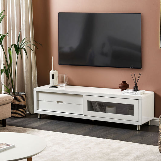NovaCasa TV Stand White High Gloss Sliding Door 2 Drawers