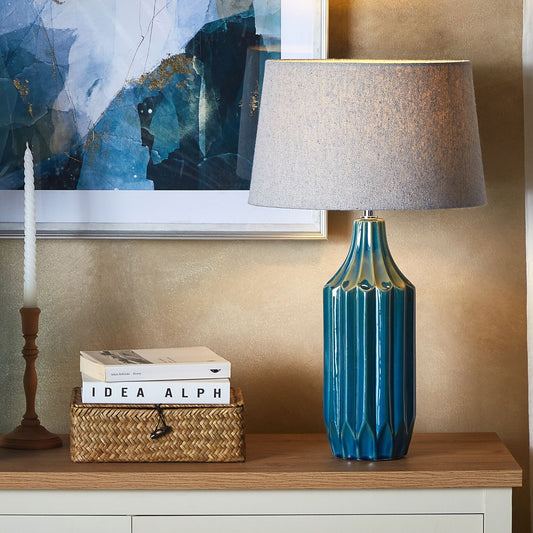 Home Teal Blue Ceramic Ribbed Table Lamp With Beige Shade