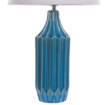 Home Teal Blue Ceramic Ribbed Table Lamp With Beige Shade