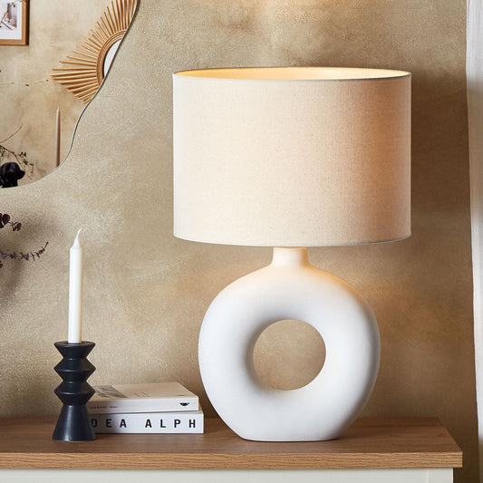 Table Lamp White Ceramic Base Beige Fabric Shade Bedside