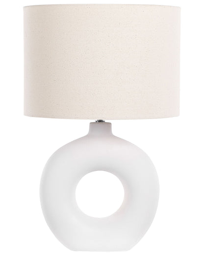 Table Lamp White Ceramic Base Beige Fabric Shade Bedside