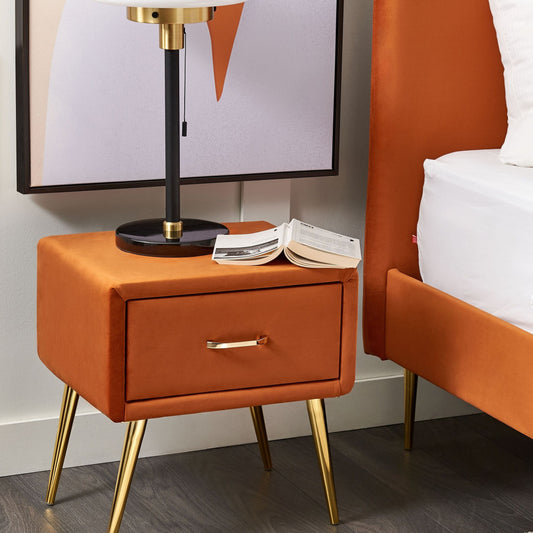 Velvet Nightstand Orange 1 Drawer With Gold Legs