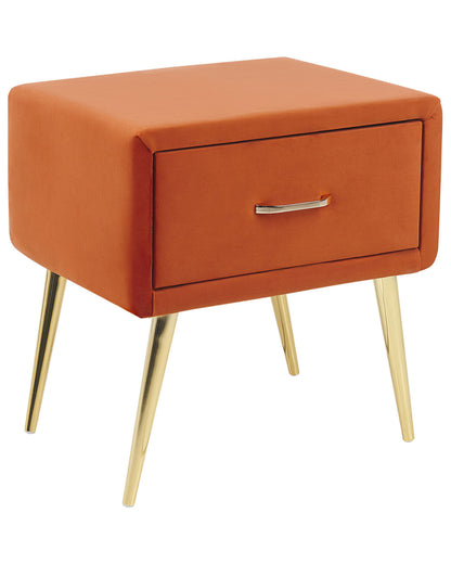 Velvet Nightstand Orange 1 Drawer With Gold Legs
