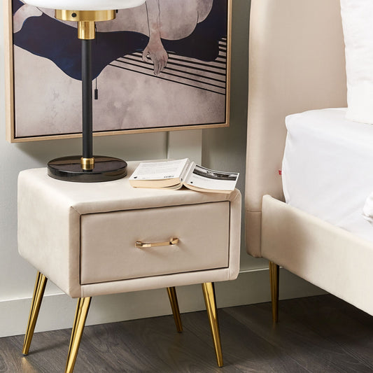 Bedside Table Beige Velvet 1 Drawer Minimalist Nightstand