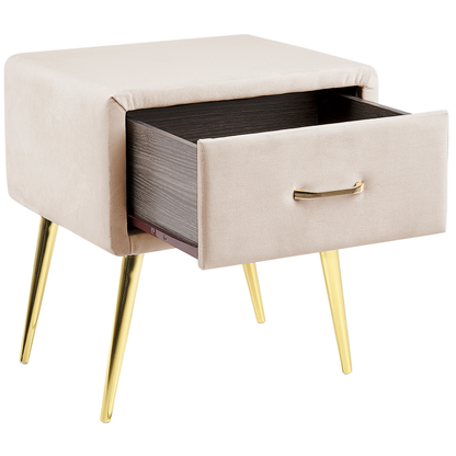 Bedside Table Beige Velvet 1 Drawer Minimalist Nightstand