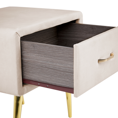 Bedside Table Beige Velvet 1 Drawer Minimalist Nightstand