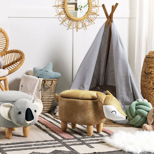 FoxNest Kids Storage Stool Orange Velvet With Wooden Legs