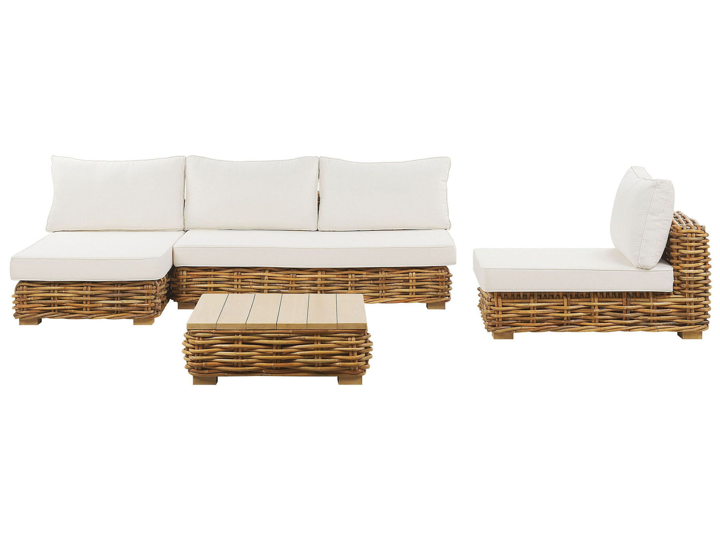 Garden Conversation Set Brown Rattan With White Cushions Right Hand Modular Sofa Coffee Table