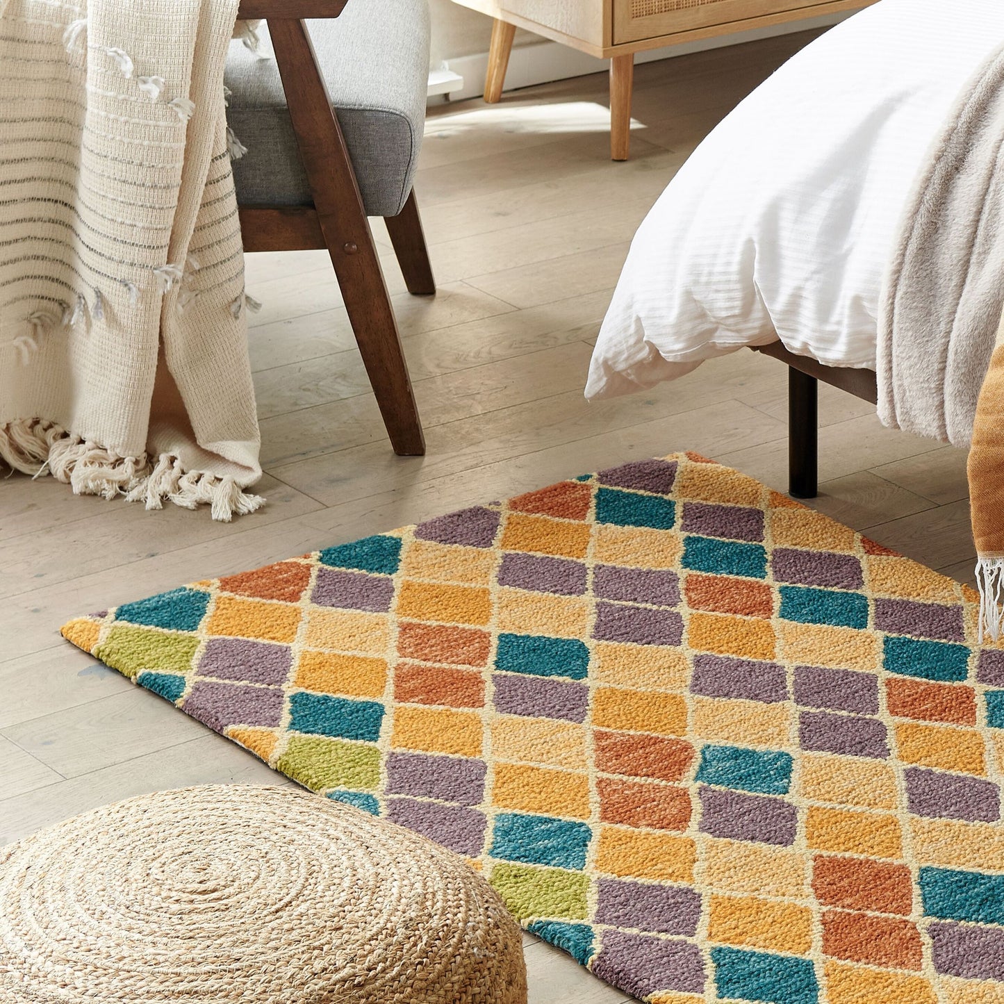 Multicolor Wool Area Rug 80 x 150cm Hand Tufted Geometric Flatweave Luxury Accent