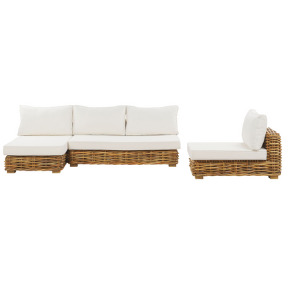 Garden Conversation Set Brown Rattan With White Cushions Right Hand Modular Sofa Coffee Table