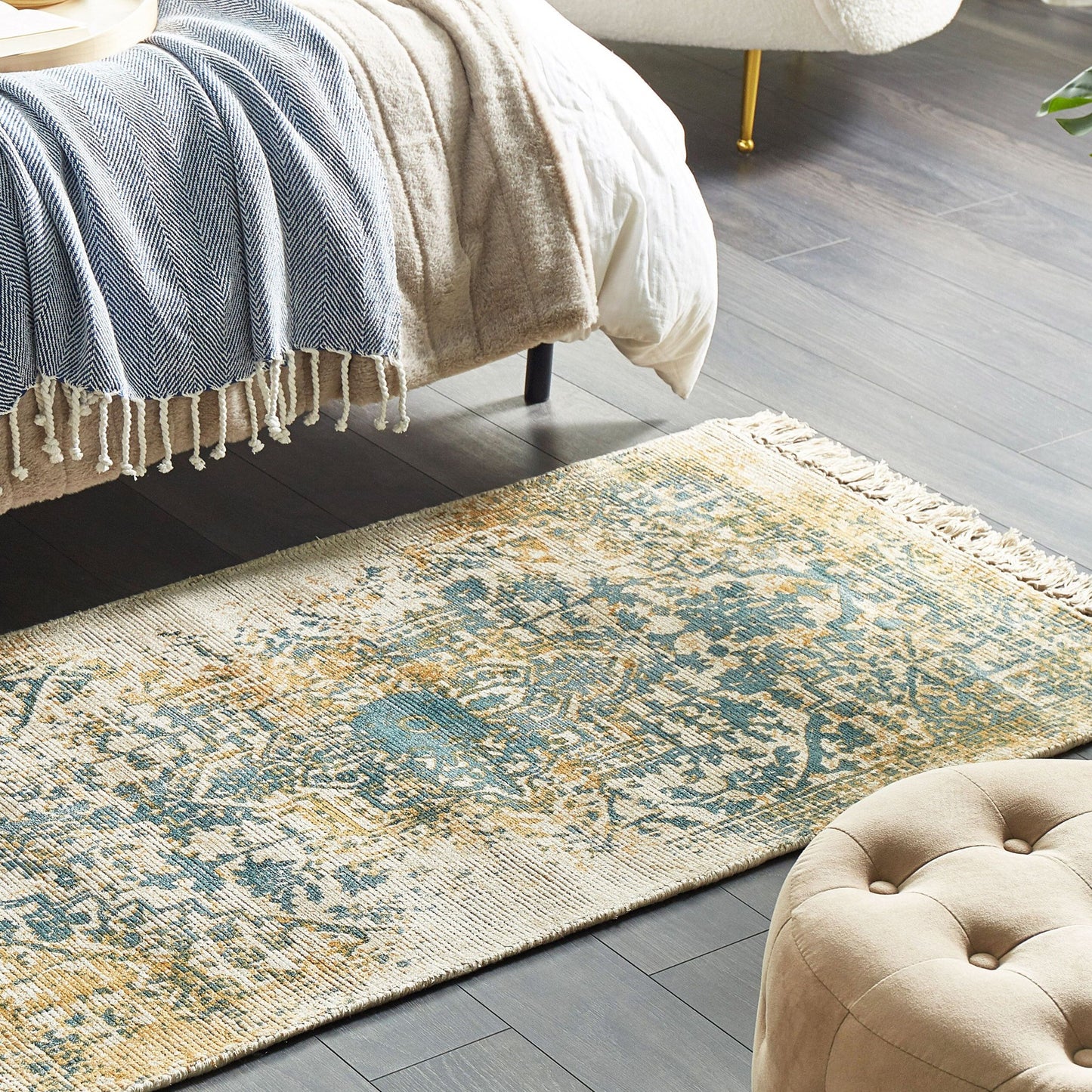 Viscose Rugs Co Yellow Green 80 x 150cm Oriental Distressed Living Room Bedroom Rug