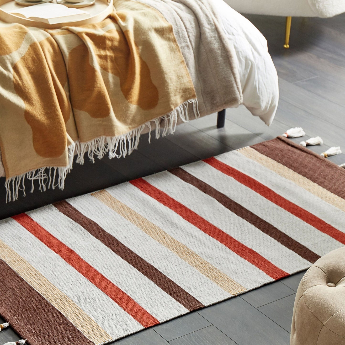 Area Rag Rug Hand Woven Cotton 80 x 150 Beige Brown Stripes