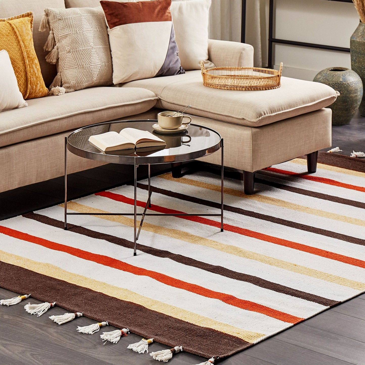 Area Rug Co Rag Rug Cotton Handwoven 160 x 230 Brown Beige Stripes