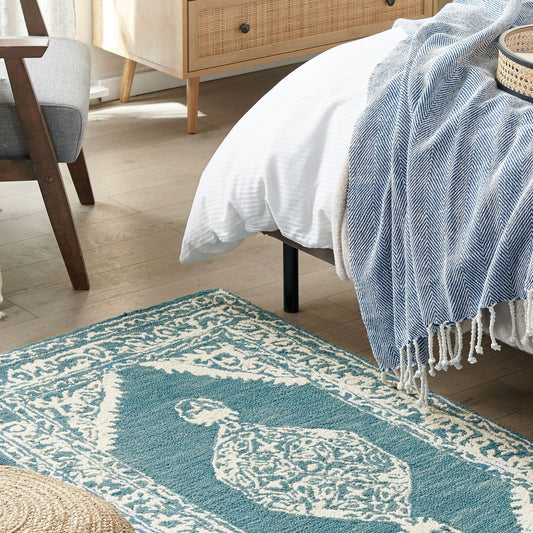 Premium Wool Area Rug White Blue Hand Tufted 80 x 150cm Oriental Pattern