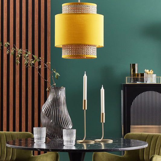 Pendant Lamp Natural Yellow Rattan Fabric Shade Boho