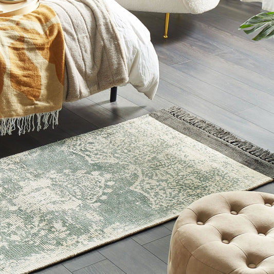Vintage Green Beige Area Rug 80 x 150cm Fringed