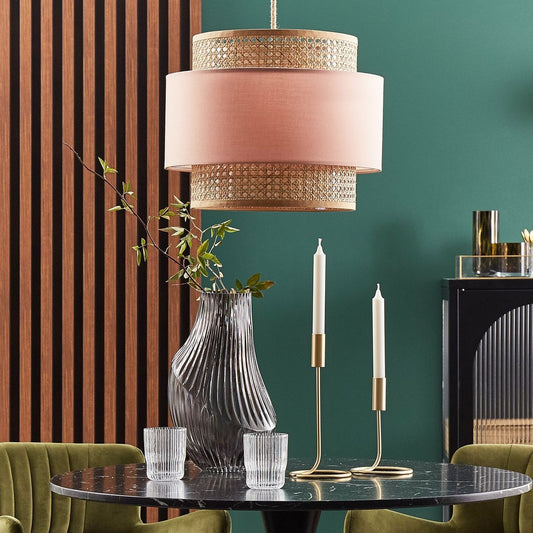 Pendant Lamp Natural Pink Rattan Shade Boho Hanging Light