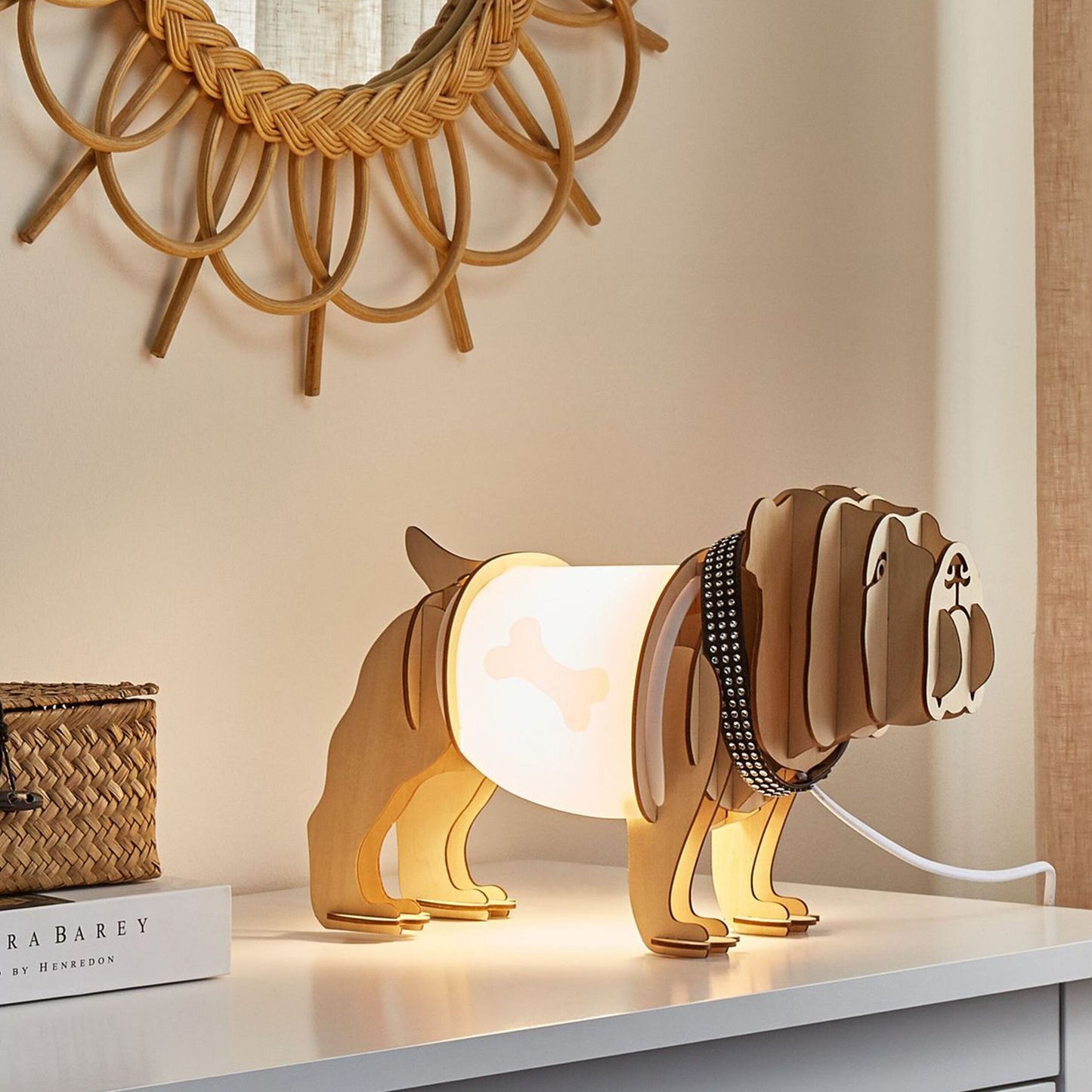 Bulldog Table Lamp White Shade Light Brown Finish