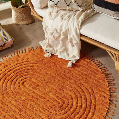 Orange Cotton Round Rug 140cm Tufted Fringe Boho Living Room