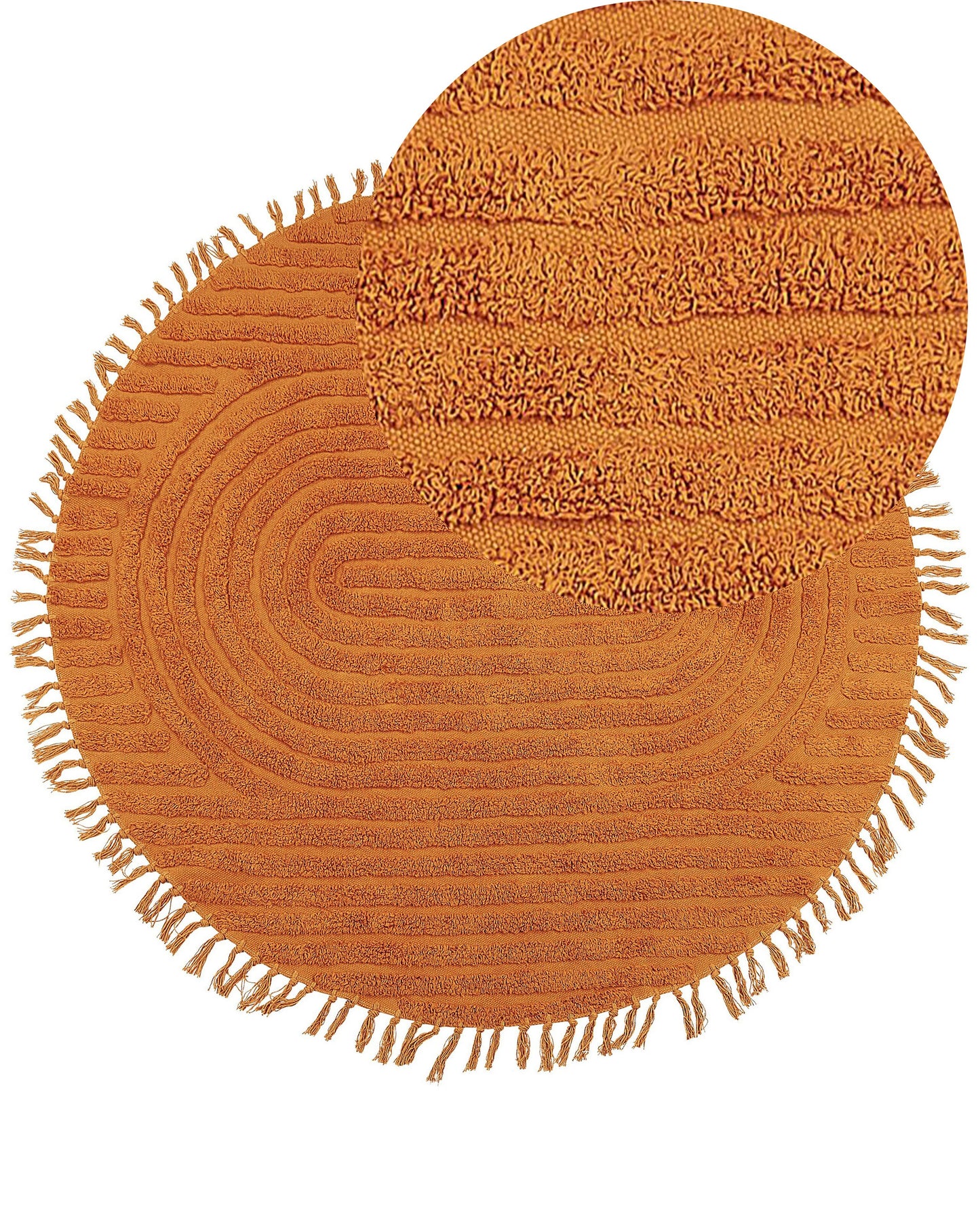 Orange Cotton Round Rug 140cm Tufted Fringe Boho Living Room