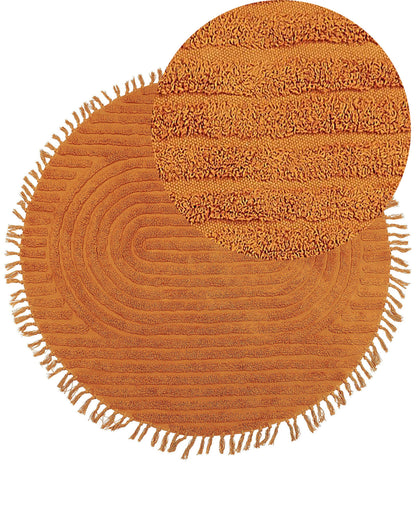 Orange Cotton Round Rug 140cm Tufted Fringe Boho Living Room