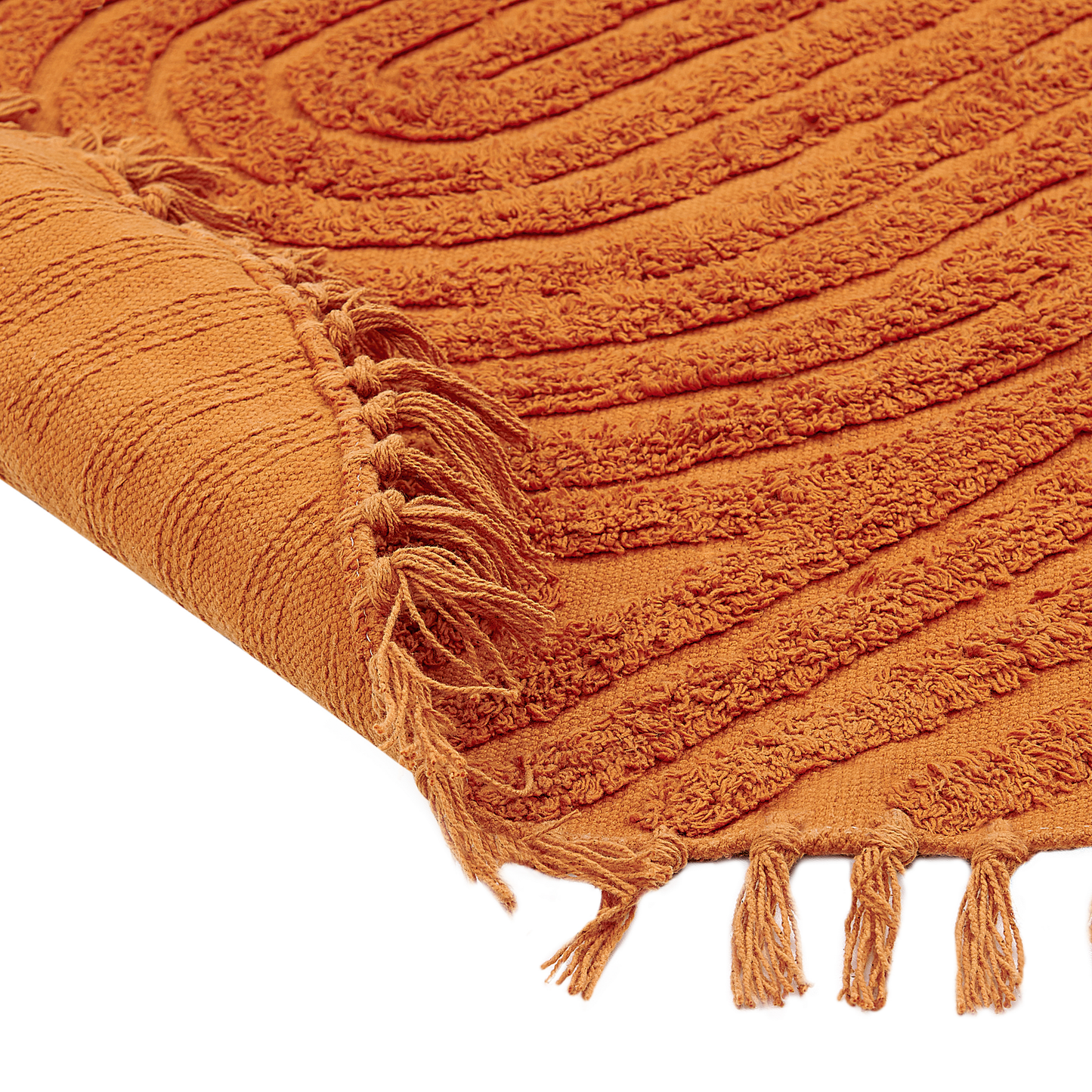 Orange Cotton Round Rug 140cm Tufted Fringe Boho Living Room