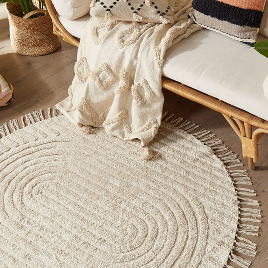 Beige Cotton Round Area Rug 140cm Tufted With Fringe