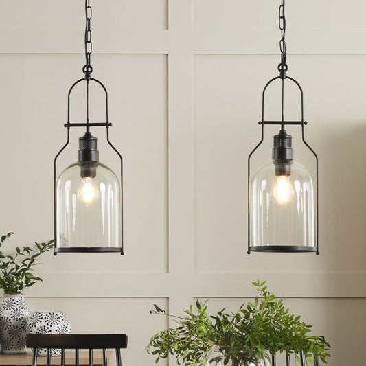 2 Pack Pendant Lamps Black Metal Frame Clear Glass Shade 166cm