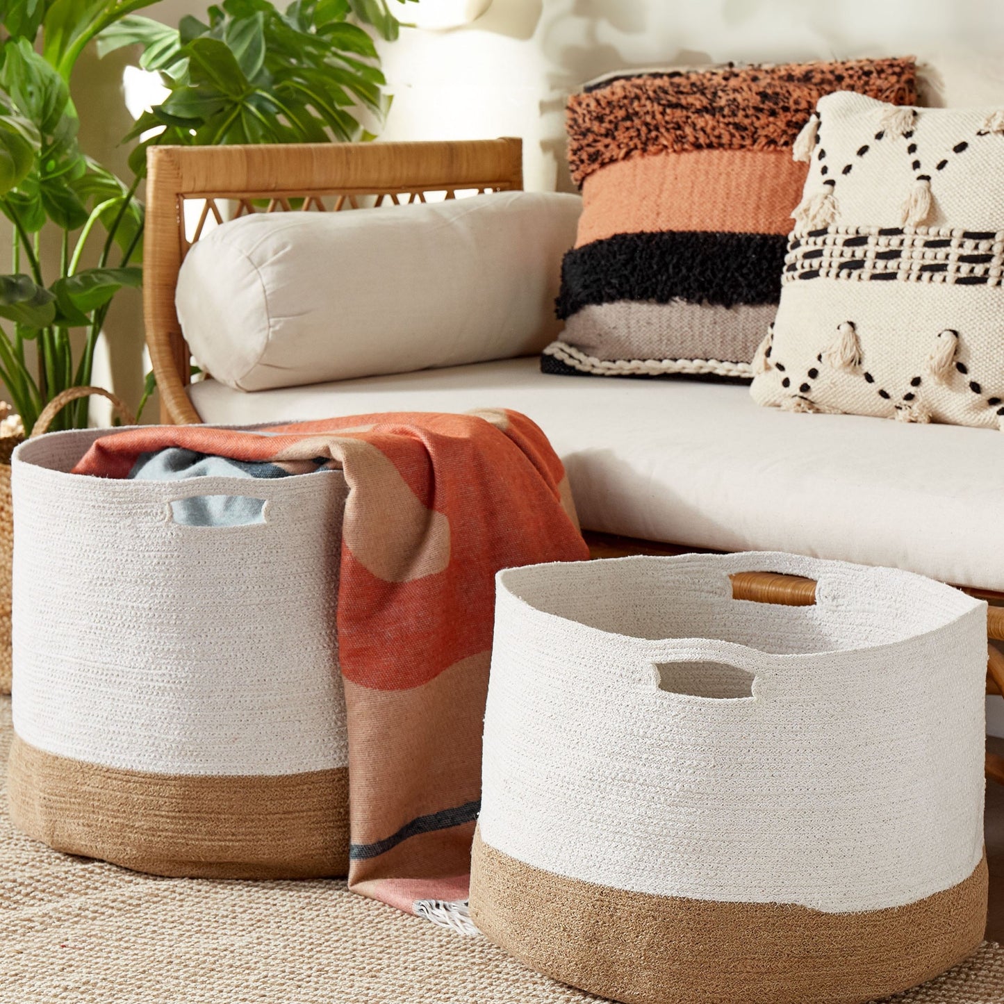 Cotton Storage Baskets Set Of 2 White And Light Beige