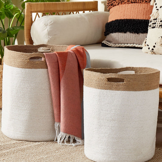 Cotton Storage Baskets Set Of 2 White And Light Beige Laundry Bins For Home Organization
