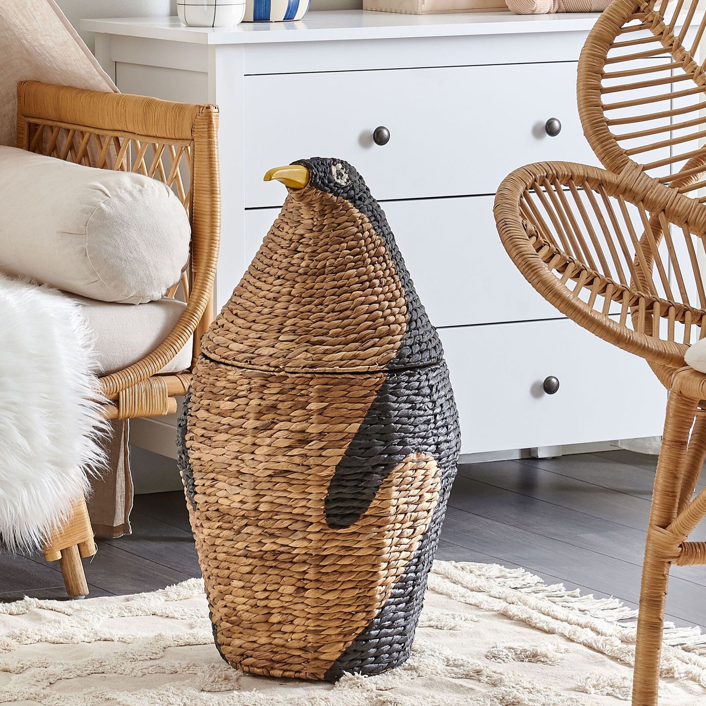 Penguin Shaped Wicker Basket Toy Hamper Natural Water Hyacinth For Kids Room