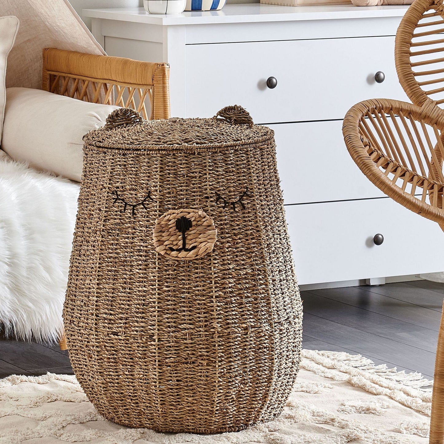 Wicker Bear Natural Seagrass Bear Shaped Basket With Lid Toy Hamper For Kids Rooms