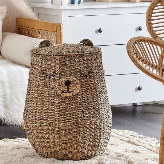 Wicker Bear Natural Seagrass Bear Shaped Basket With Lid Toy Hamper For Kids Rooms