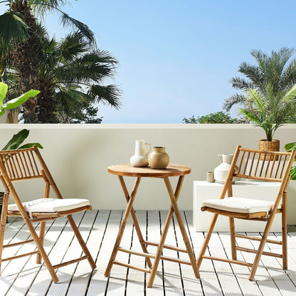 Vero Bistro Set Brown Bamboo OffWhite Cushions Folding Chairs UVResist