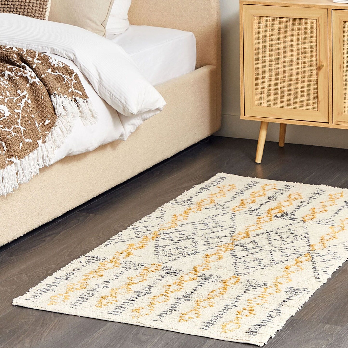 Rugs Beige Cotton Geometric Rug 80 x 150cm Hand Tufted