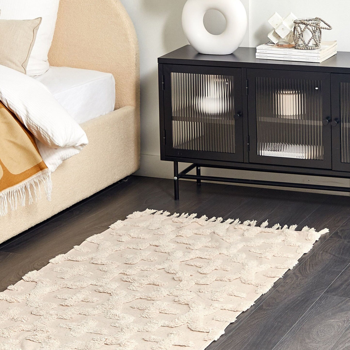 Beige Cotton Area Rug 80 x 150 Shaggy Tufted Geometric