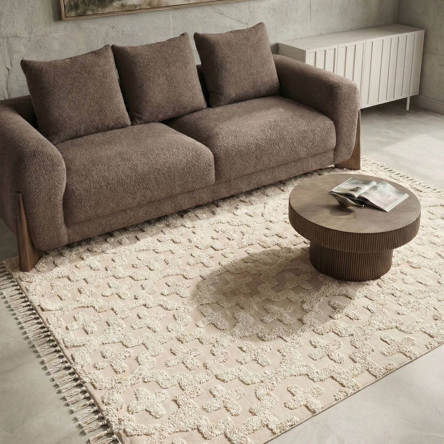 Beige Cotton Area Rug 140 X 200cm Minimalist Tufted Shag Rug Geometric Pattern