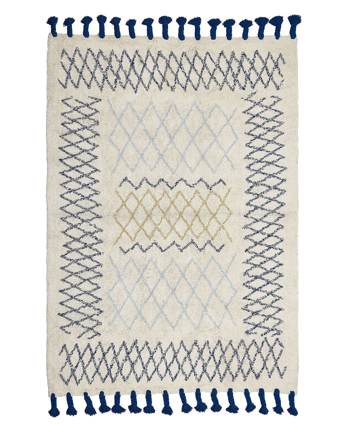 Beige Cotton Area Rug 140 x 200cm Hand Tufted With Cobalt Blue Tassels Geometric Pattern