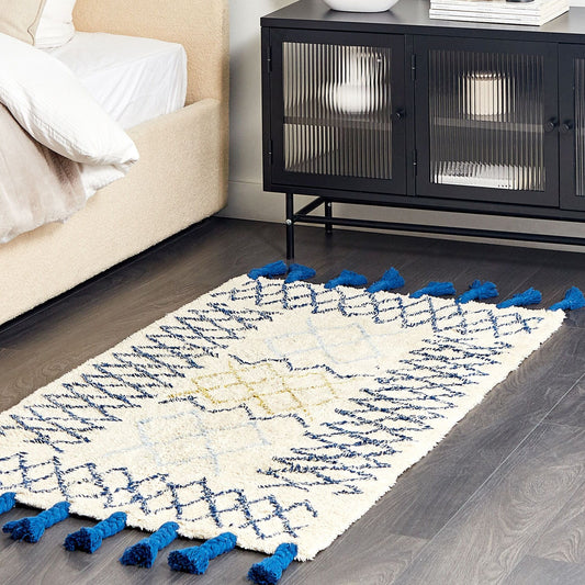 Beige Cotton Rug 80 X 150cm Hand Tufted Geometric Tassels With Cobalt Blue Accent