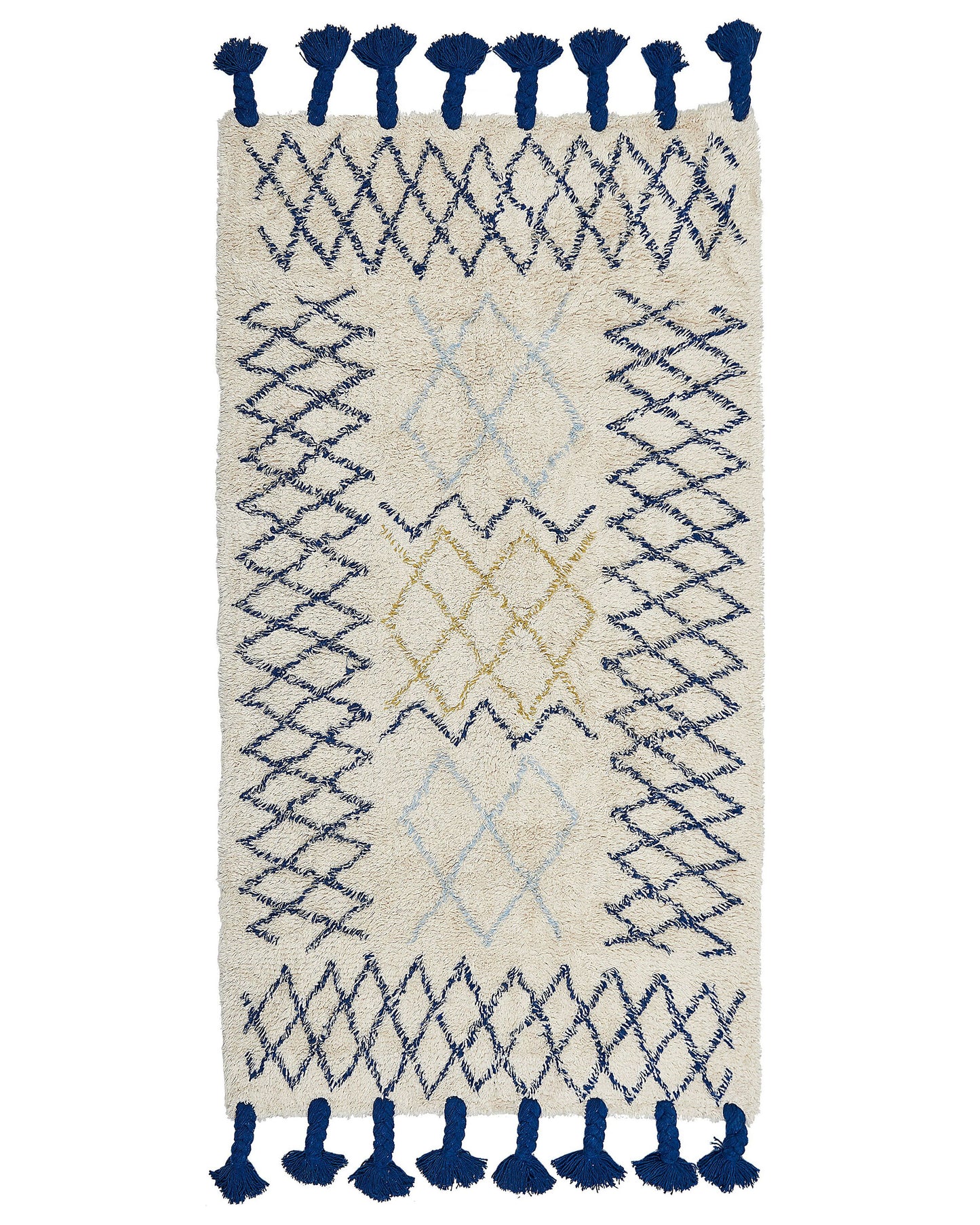 Beige Cotton Rug 80 X 150cm Hand Tufted Geometric Tassels With Cobalt Blue Accent